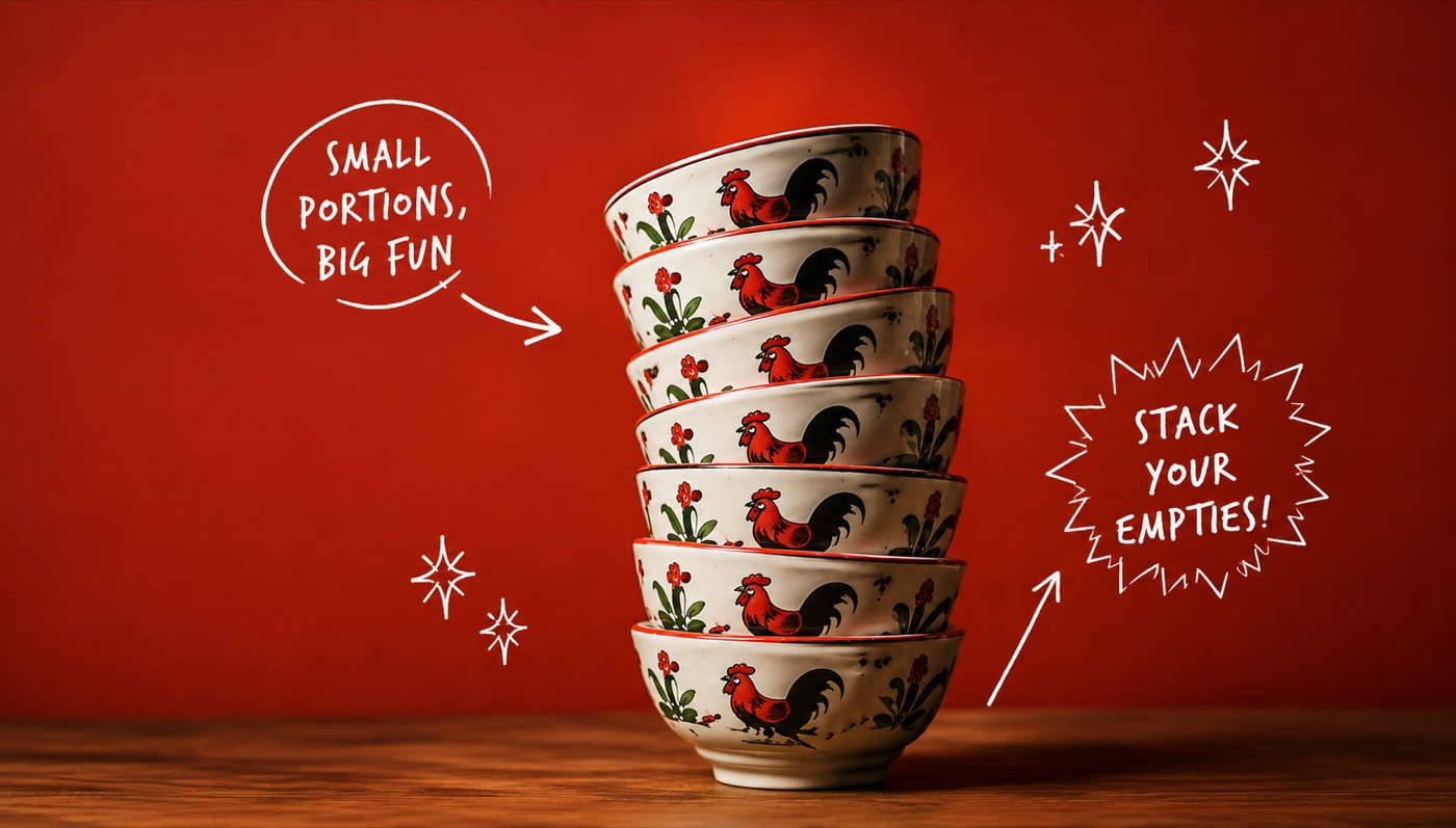 A tower of stacked rooster-pattern bowls, captioned “small portions, big fun” and “stack your empties!”
